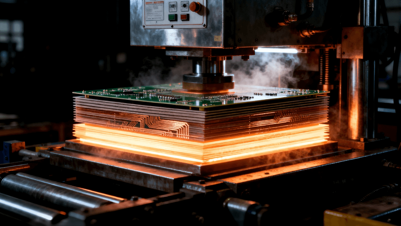 高温高压PCB层压过程,展示PCB层间的精准压合和高压设备 高温高压PCB层压过程,展示PCB层间的精准压合和高压设备