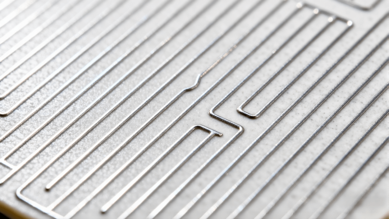 浅灰色陶瓷基板表面分布着间距一致的10-20μm超精细银灰色金属线路