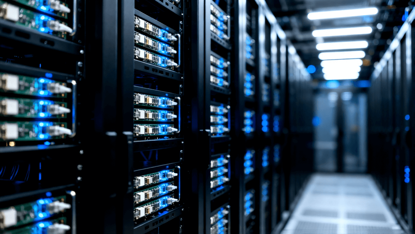 数据中心服务器机架中嵌入的多组光模块阵列隐约可见内部封装基板