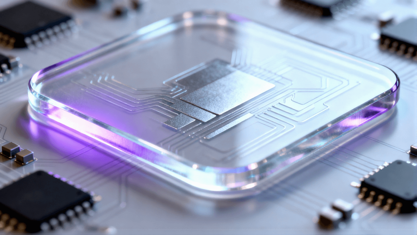 半透明玻璃封装基板内部隐约可见金属线路布局且环绕着微型芯片