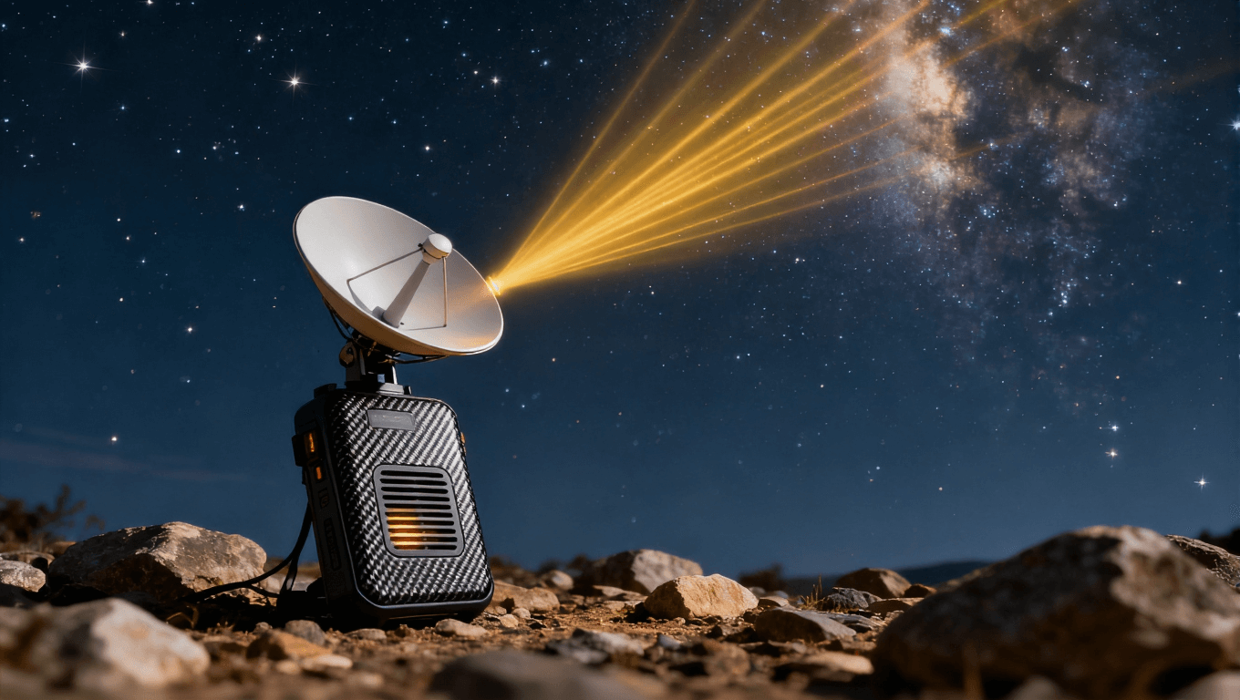 便携卫星通信终端在星空下发射金色信号流，体现Ka波段传输与户外环境适应性