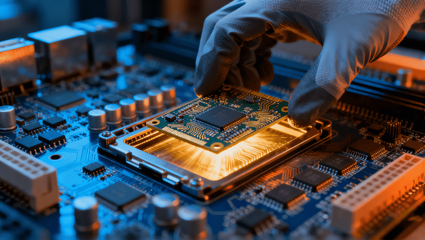 工程师将高频电路板精准嵌入系统主板，金色光芒体现参数匹配与性能优化的完美结合