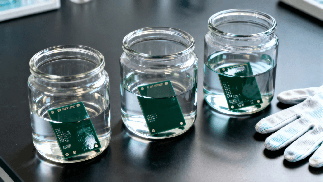 实验室中对比测试不同类型阻焊油墨的耐化学性场景