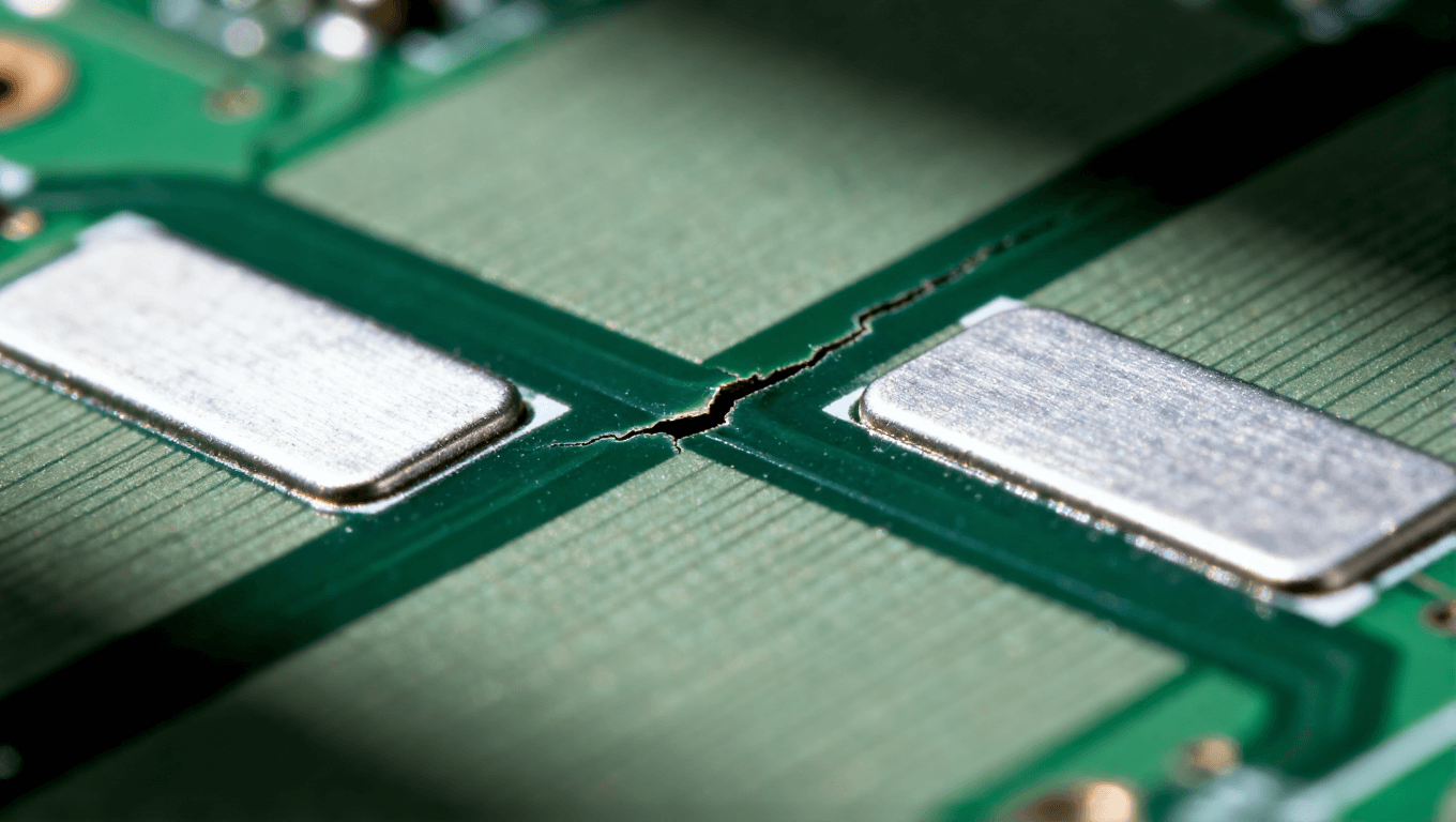 PCB板上阻焊桥出现裂纹与翘起的微距特写，展示工艺缺陷问题