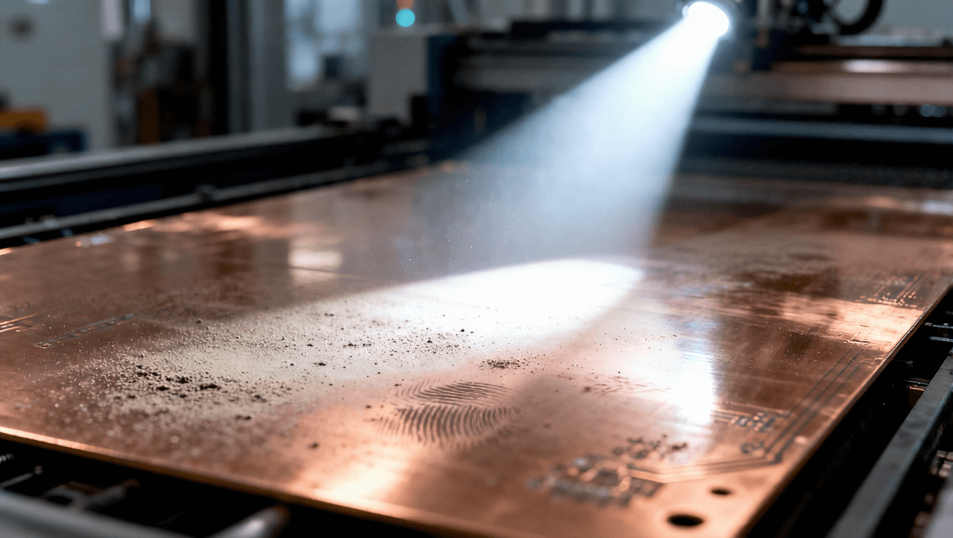 光线照射下PCB基板表面显现污染物，强调清洁度对阻焊附着力的影响