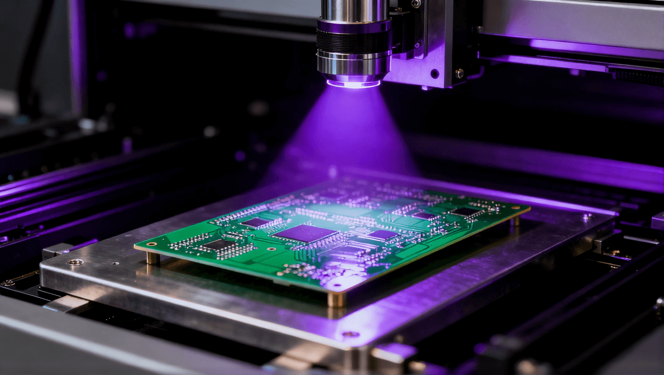 PCB阻焊层在紫外光线下进行精准曝光固化的瞬间