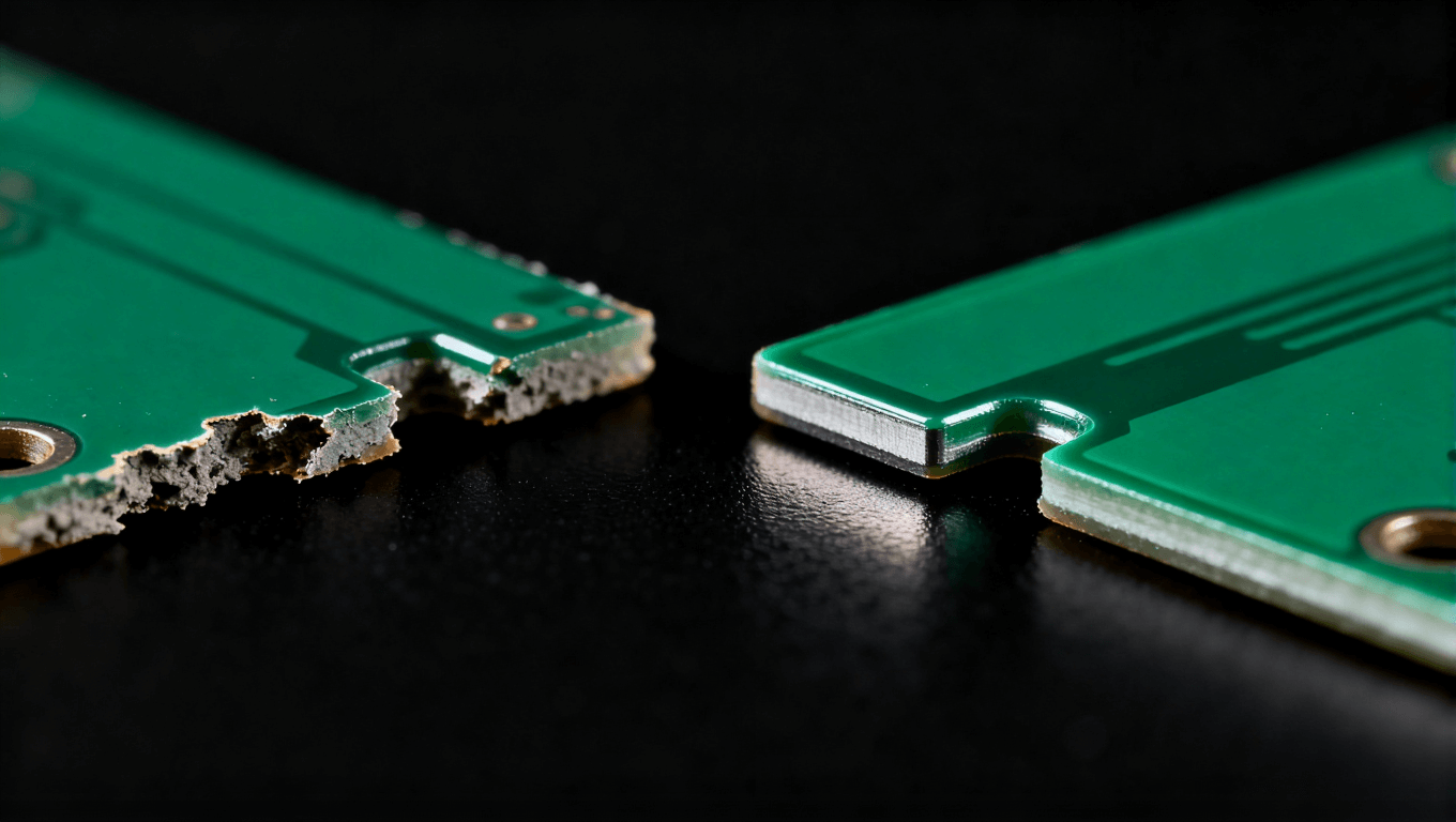 PCB阻焊桥工艺优化前后效果对比微距照片，左为问题板，右为优化后良品