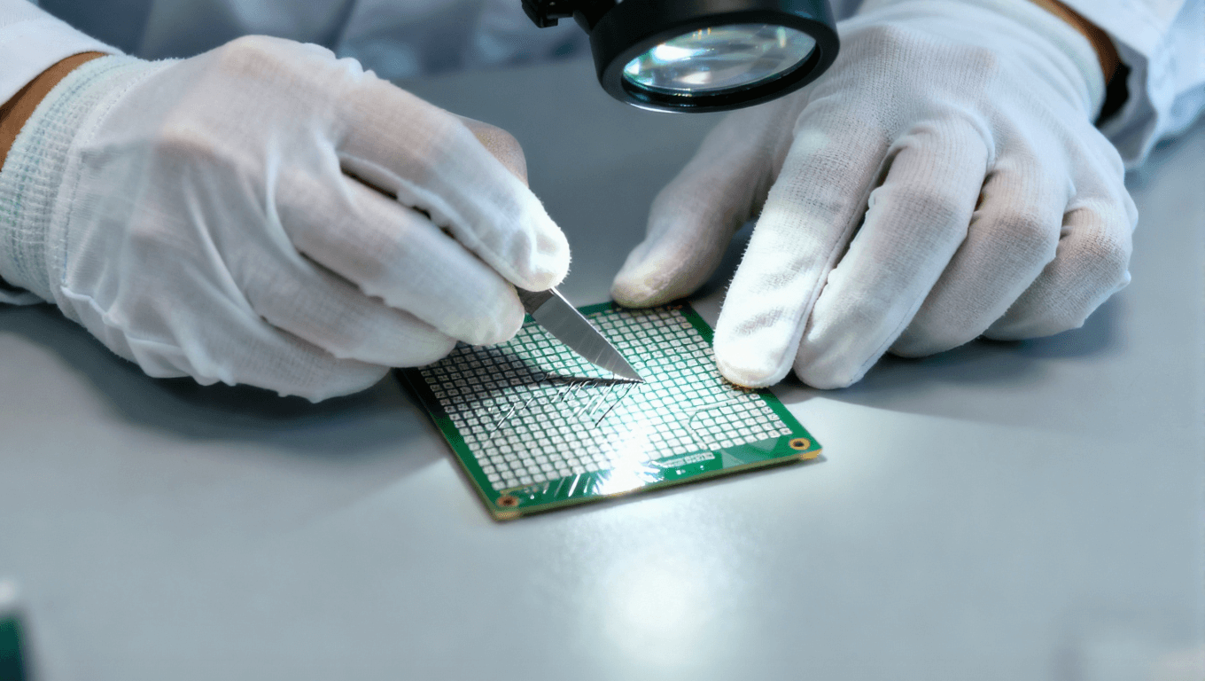 质检员在PCB阻焊层上进行附着力百格测试的特写镜头