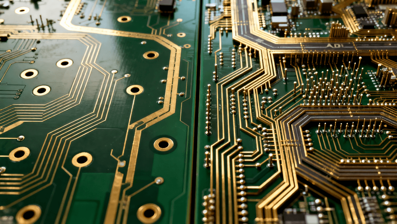 高密度互连HDI布线在AI服务器PCB中的应用，对比普通PCB宽松布局，突出精密排布与空间优化