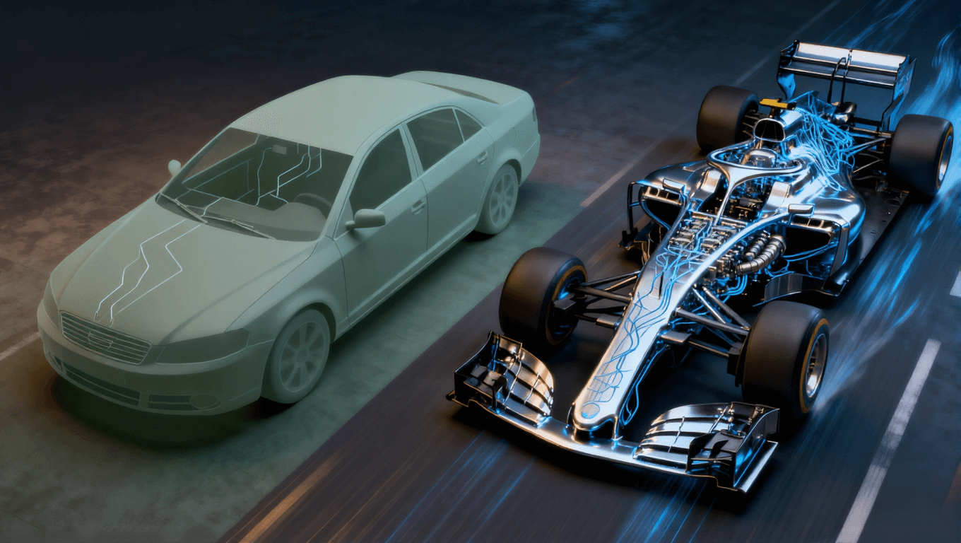 AI服务器PCB与普通PCB算力分级对比视觉图，通过轿车与赛车的比喻展示性能与设计复杂度差异