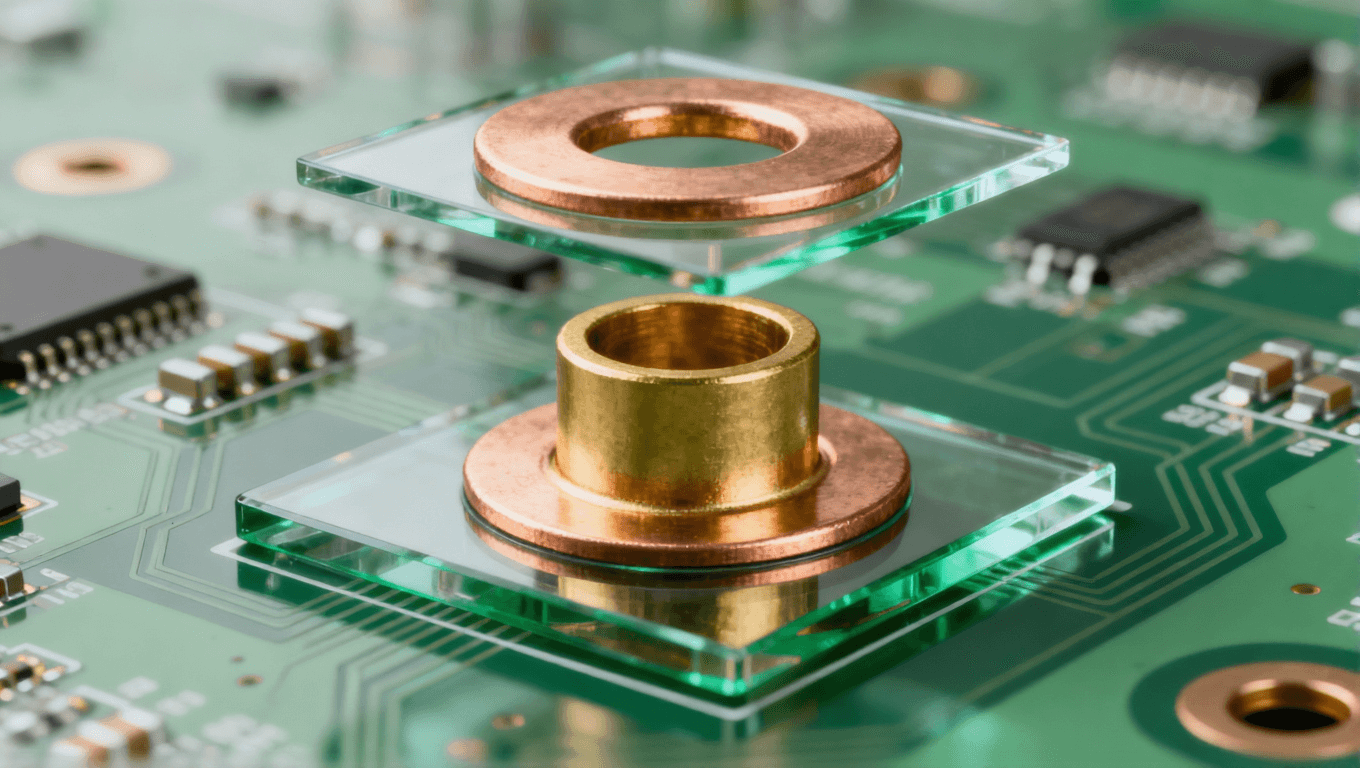 PCB过孔图，分解展示孔壁、焊盘和阻焊层三要素