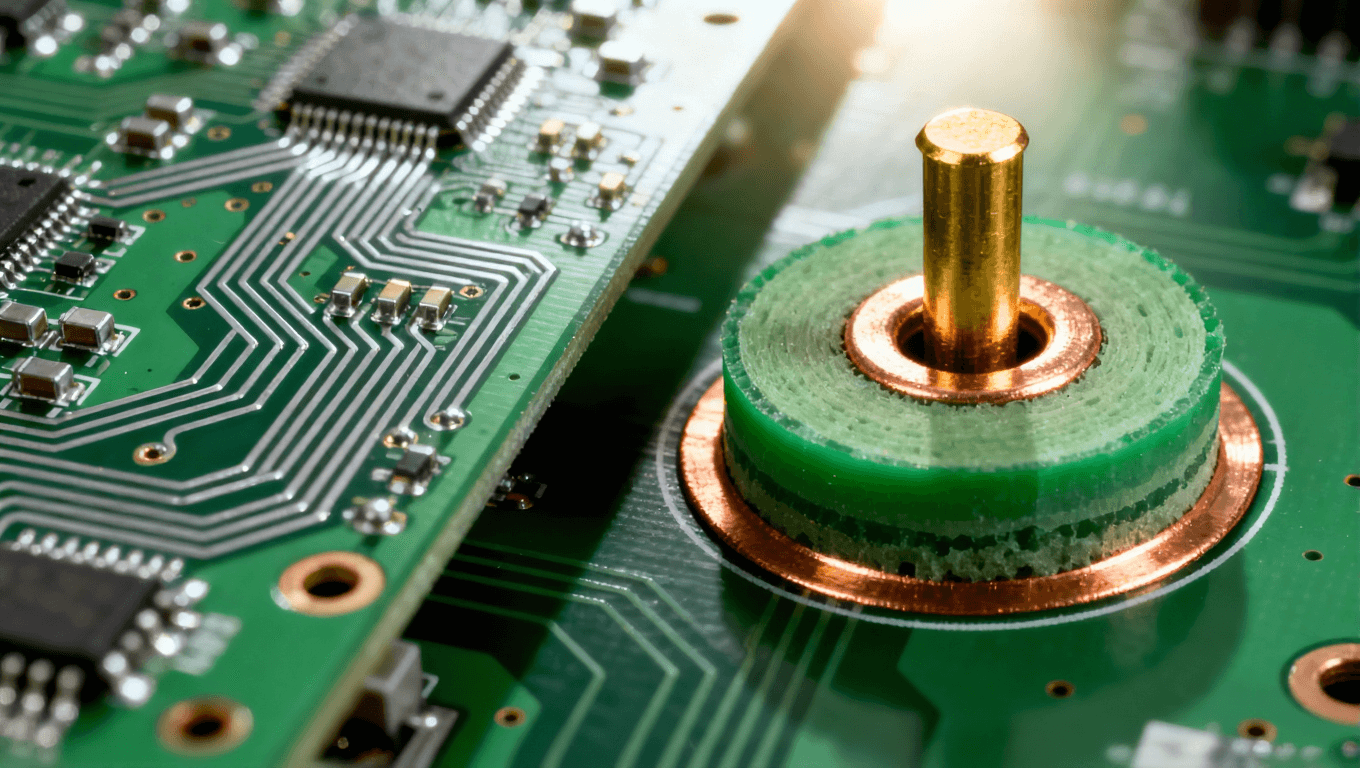 PCB一阶过孔横截面结构示意图，展示过孔贯穿所有层且仅顶层底层有焊盘