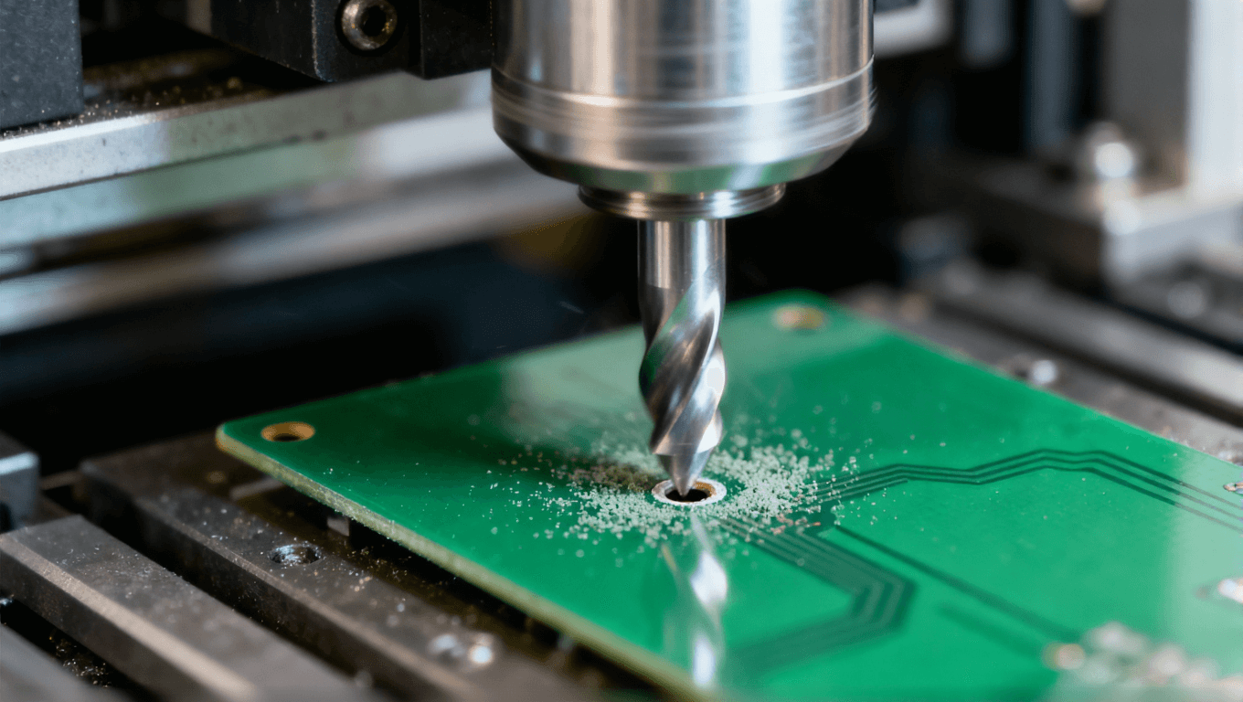 数控钻头在PCB板上钻孔的瞬间，展示一阶过孔制造工艺