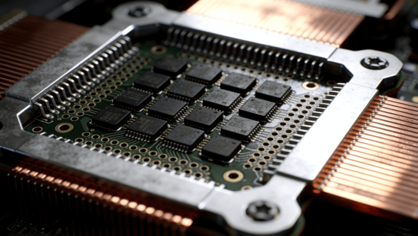 PCB热管理布局特写，展示导热过孔、散热片与器件分布结构