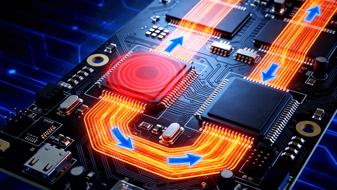 储能PCB板热源与传热路径示意图，展示发热器件与热传导视觉化表达