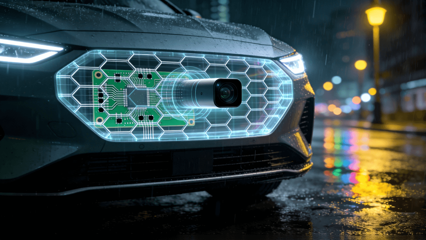 集成于汽车前脸的车规级激光雷达内部PCB半透明视觉效果图 集成于汽车前脸的车规级激光雷达内部PCB半透明视觉效果图