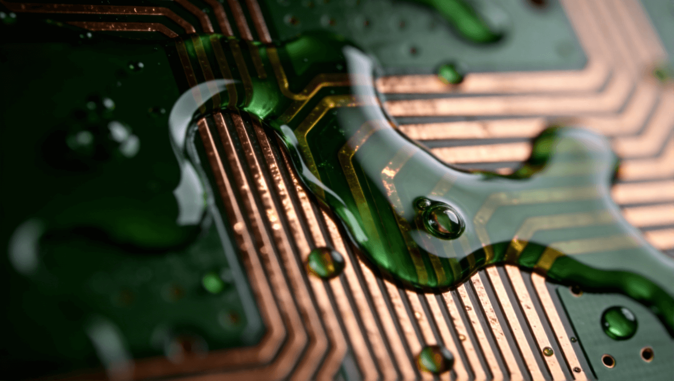 PCB阻焊层涂覆过程抽象特写,绿色液态阻焊油在铜线上光滑铺展,呈现光泽质感与流动纹理 PCB阻焊层涂覆过程抽象特写,绿色液态阻焊油在铜线上光滑铺展,呈现光泽质感与流动纹理