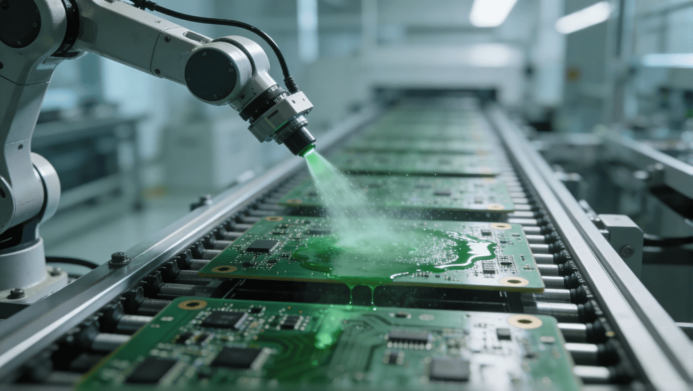 未来工厂中机械臂为传送带上的PCB板喷涂阻焊层的场景,绿色雾状涂料正在喷涂 未来工厂中机械臂为传送带上的PCB板喷涂阻焊层的场景,绿色雾状涂料正在喷涂