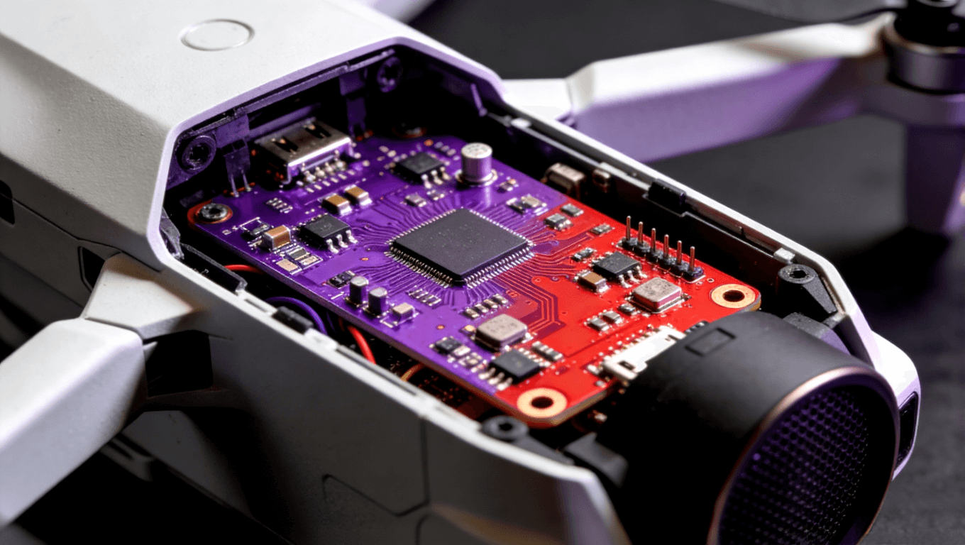 产品拆解艺术图展示内部紫色或红色PCB板,组件布局整齐 产品拆解艺术图展示内部紫色或红色PCB板,组件布局整齐