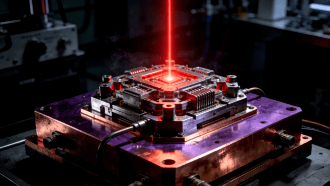 高功率工业激光器模块特写,厚重铜基板作为核心散热底座,发射出红色激光束 高功率工业激光器模块特写,厚重铜基板作为核心散热底座,发射出红色激光束