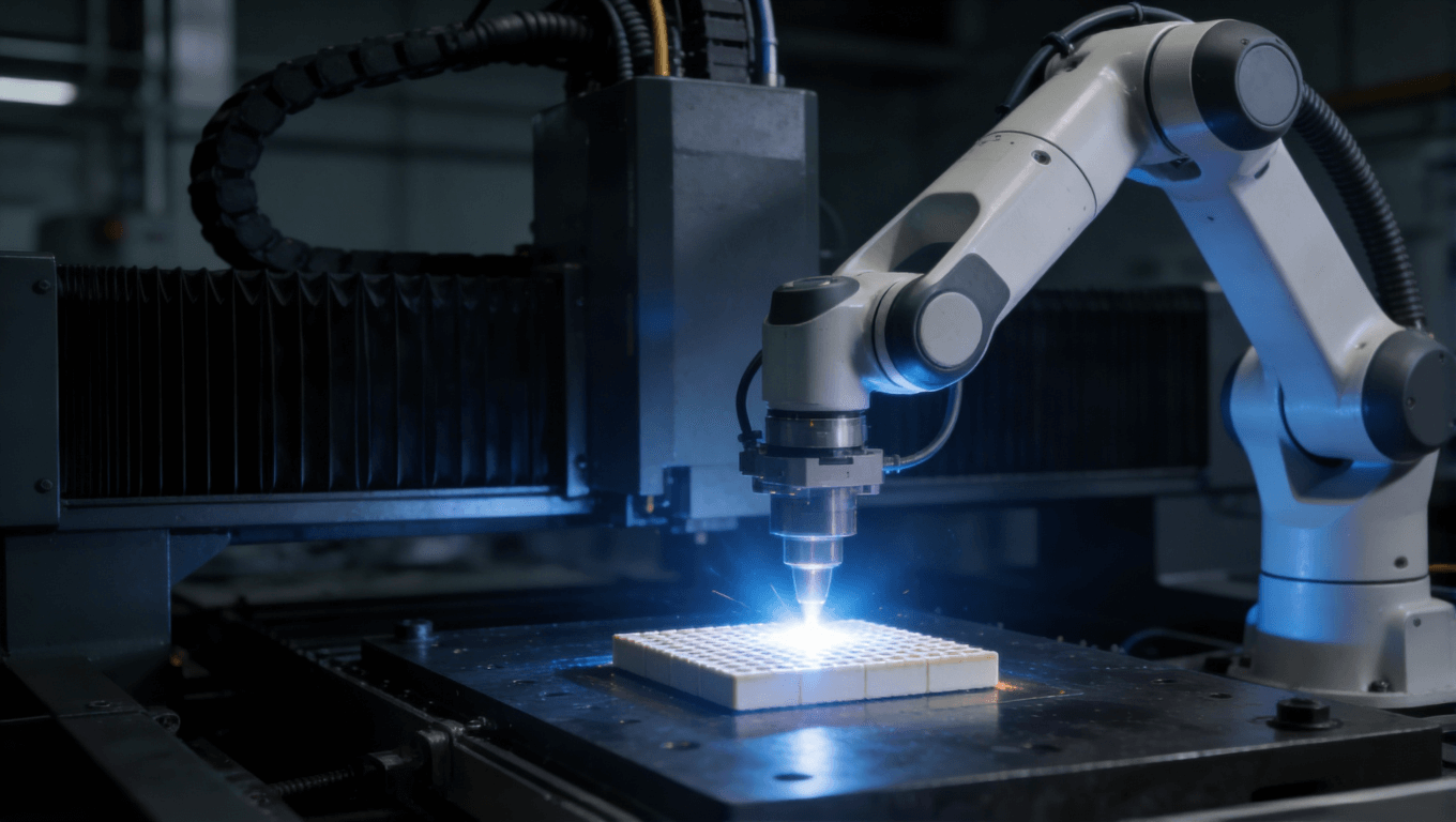 自动化激光焊接陶瓷基板的工业场景，展现高精度、低热应力焊接技术的应用