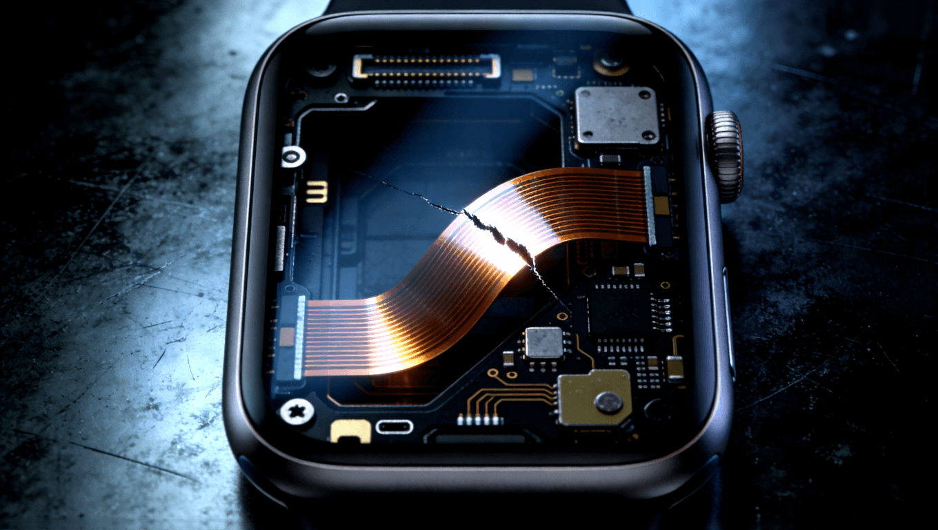 智能手表内部软板弯折断裂示意图，展示柔性电路板在弯折处的微观裂纹与光影效果