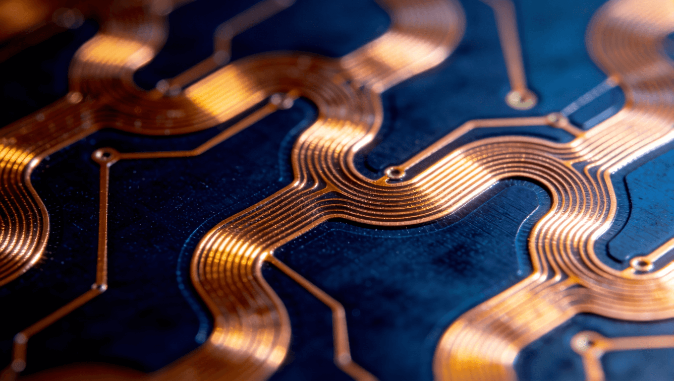 柔性电路板蛇形走线设计细节图，展现金黄色铜箔在深蓝基材上的波浪形布局