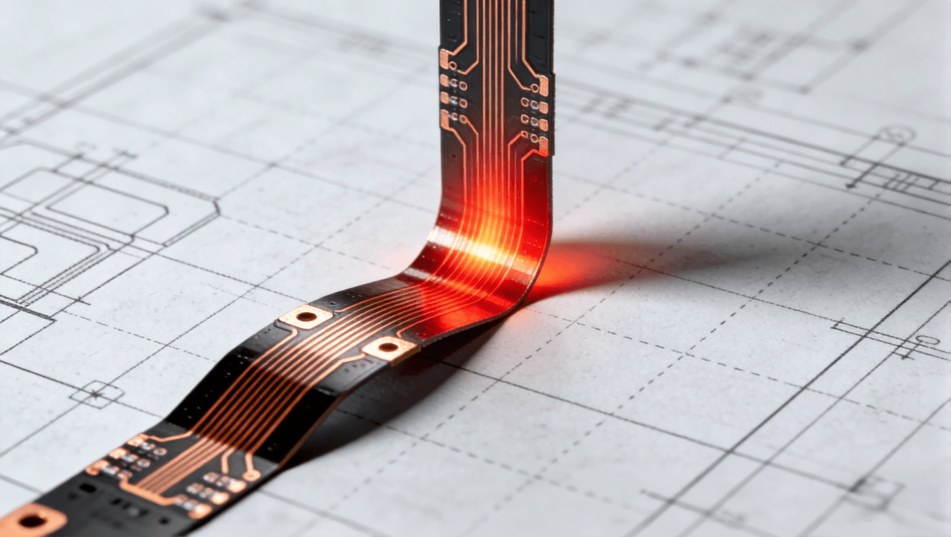 FPC走线与弯折方向垂直导致的应力集中可视化图示，红色热力图突出应力分布