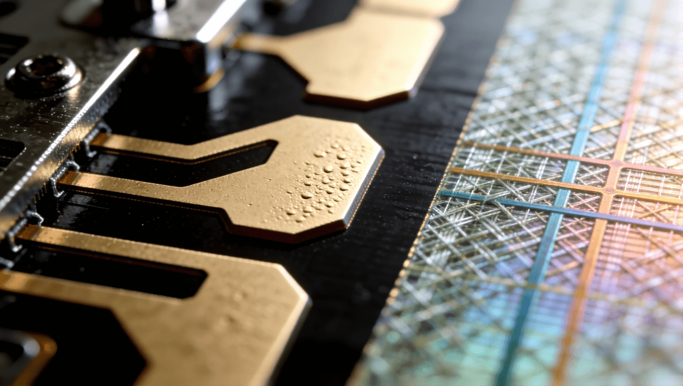 高频PCB走线截面微观视图,展示蚀刻工艺偏差与玻璃纤维编织效应 高频PCB走线截面微观视图,展示蚀刻工艺偏差与玻璃纤维编织效应