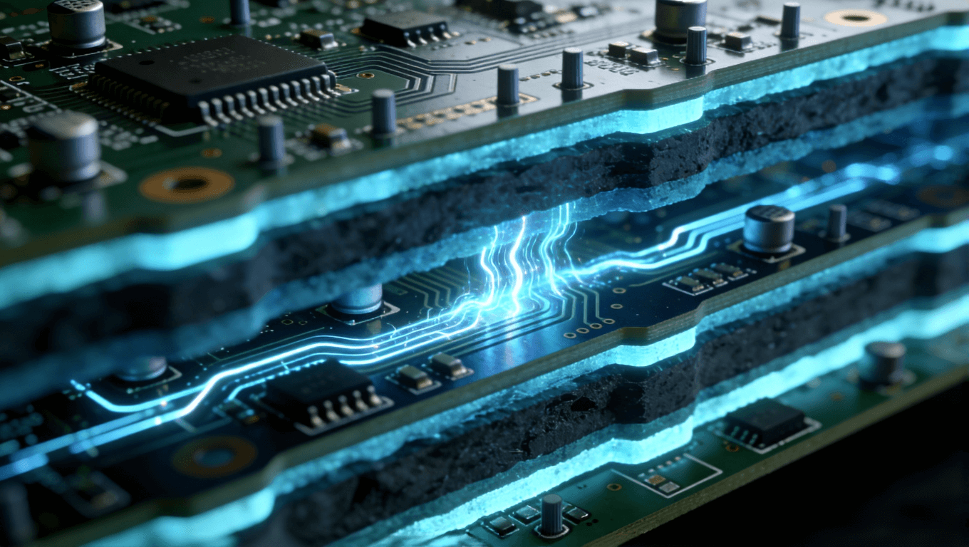 多层高频PCB剖面视图,展示电源层、地层结构与去耦电容布局 多层高频PCB剖面视图,展示电源层、地层结构与去耦电容布局