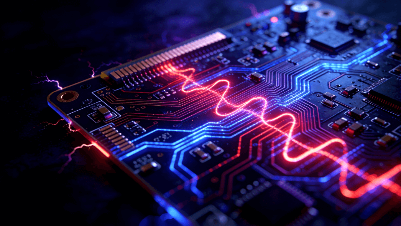 高频电路板信号失真视觉化,展示红色与蓝色光流在PCB上扭曲波动 高频电路板信号失真视觉化,展示红色与蓝色光流在PCB上扭曲波动