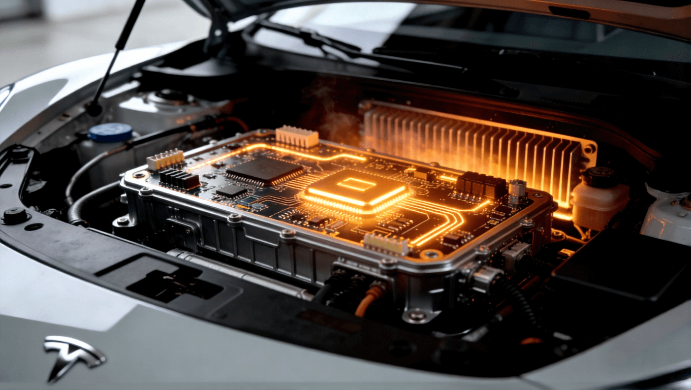 新能源汽车电控系统中陶瓷电路板集成示意图,表现高功率场景下的散热与稳定性 新能源汽车电控系统中陶瓷电路板集成示意图,表现高功率场景下的散热与稳定性