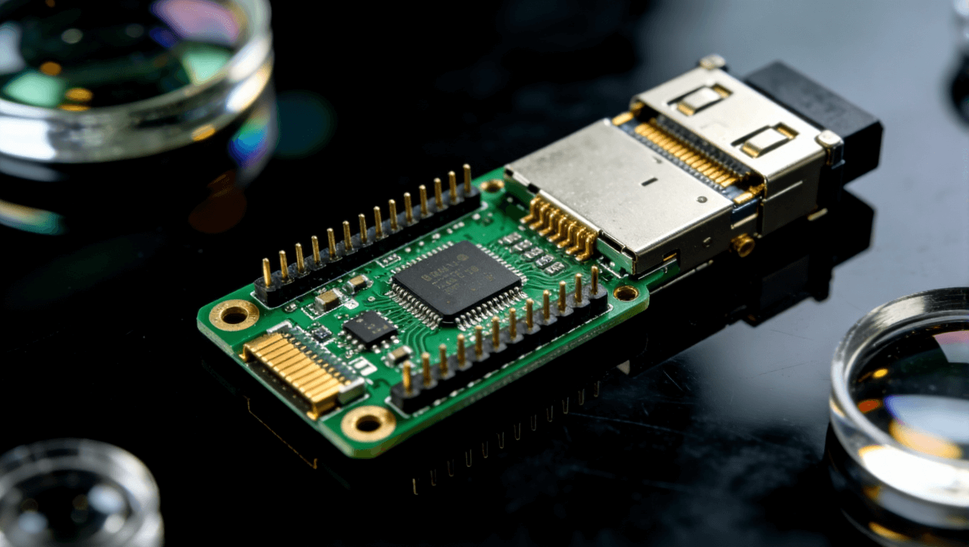 成品光模块PCB展示，绿色焊盘与金色连接器，呈现高质量制造工艺