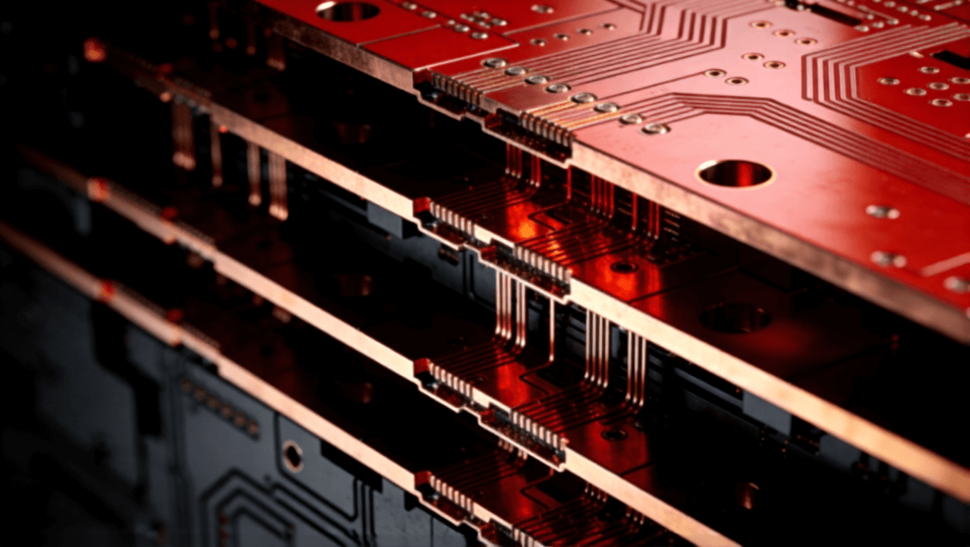 多层光模块PCB内部结构抽象3D视图，展示盲埋孔与厚铜工艺