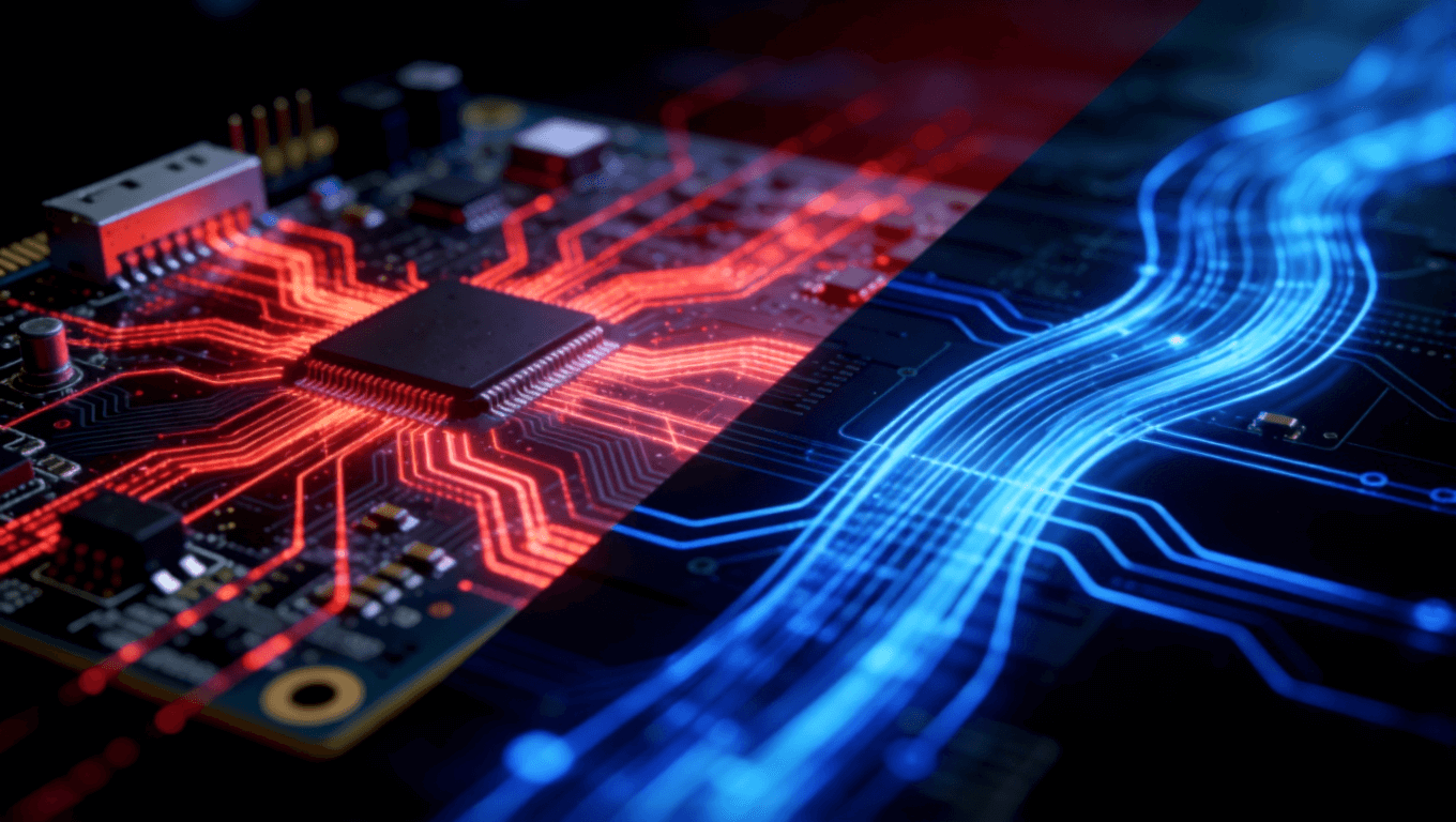 光模块PCB信号完整性问题与优化方案对比图，红蓝信号流视觉对比