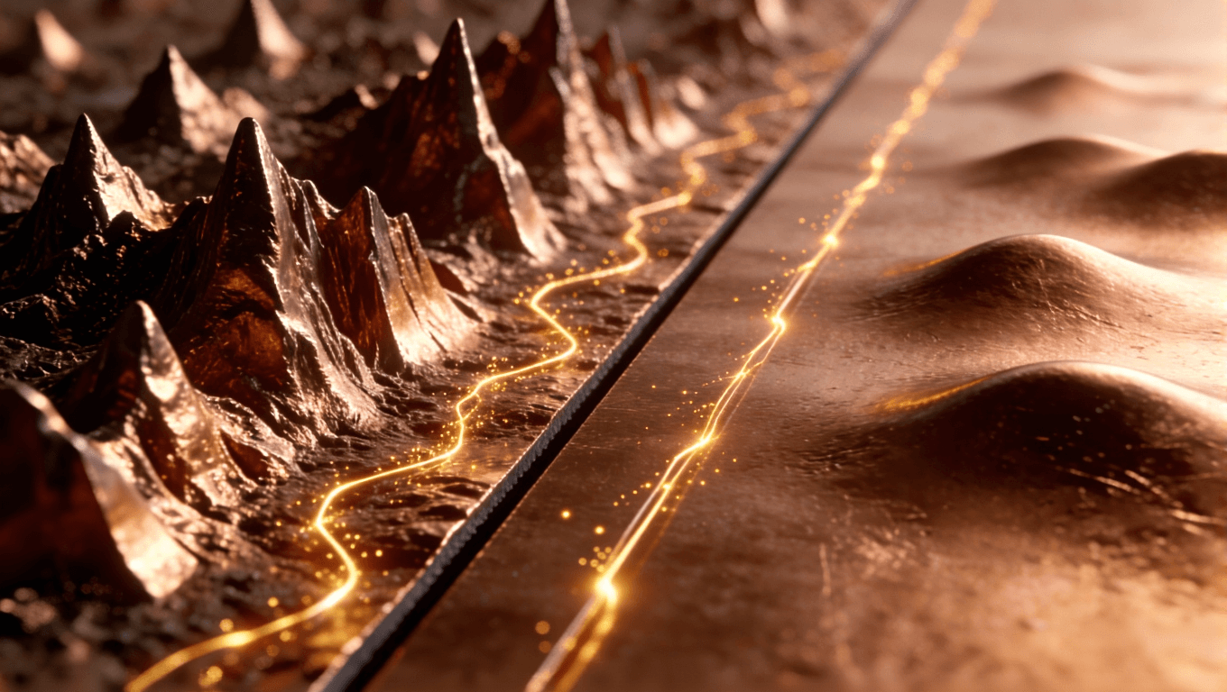 SEM风格3D渲染对比普通铜箔与VLP铜箔表面粗糙度对电流传输路径的影响