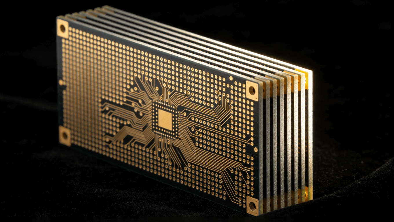 制造完成的毫米波PCB多层板静物特写，展示完美线路与层压结构