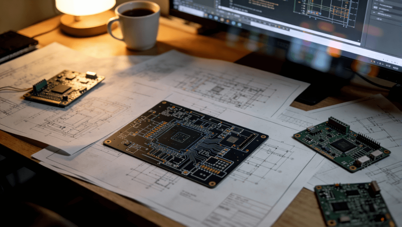 一张工作台上散落着PCB设计图纸、电路板样品