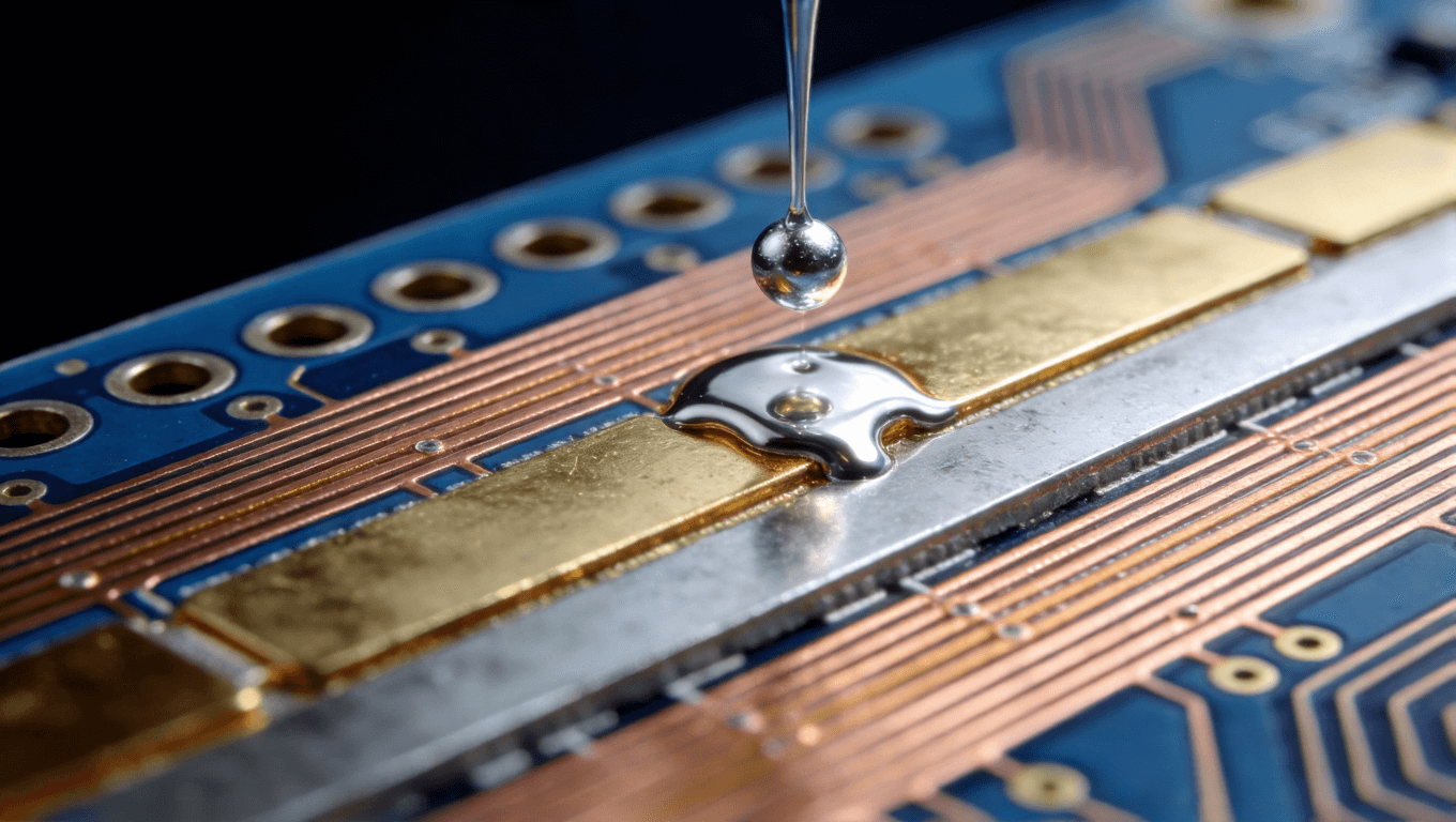沉金板PCB截面微观结构特写，展示铜、镍、金分层与焊锡浸润的精密工艺过程 