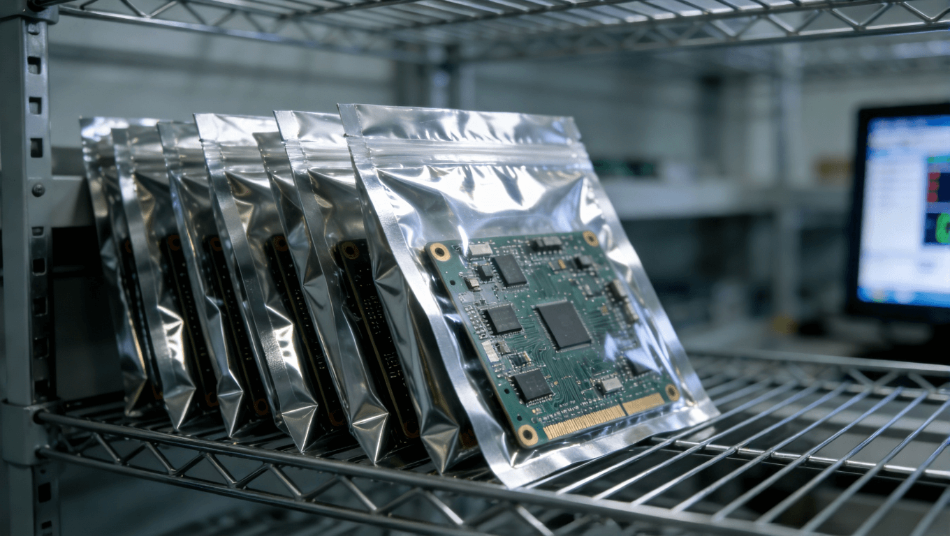 真空密封包装的沉金电路板在温湿度受控的专业仓储环境中安全存放 