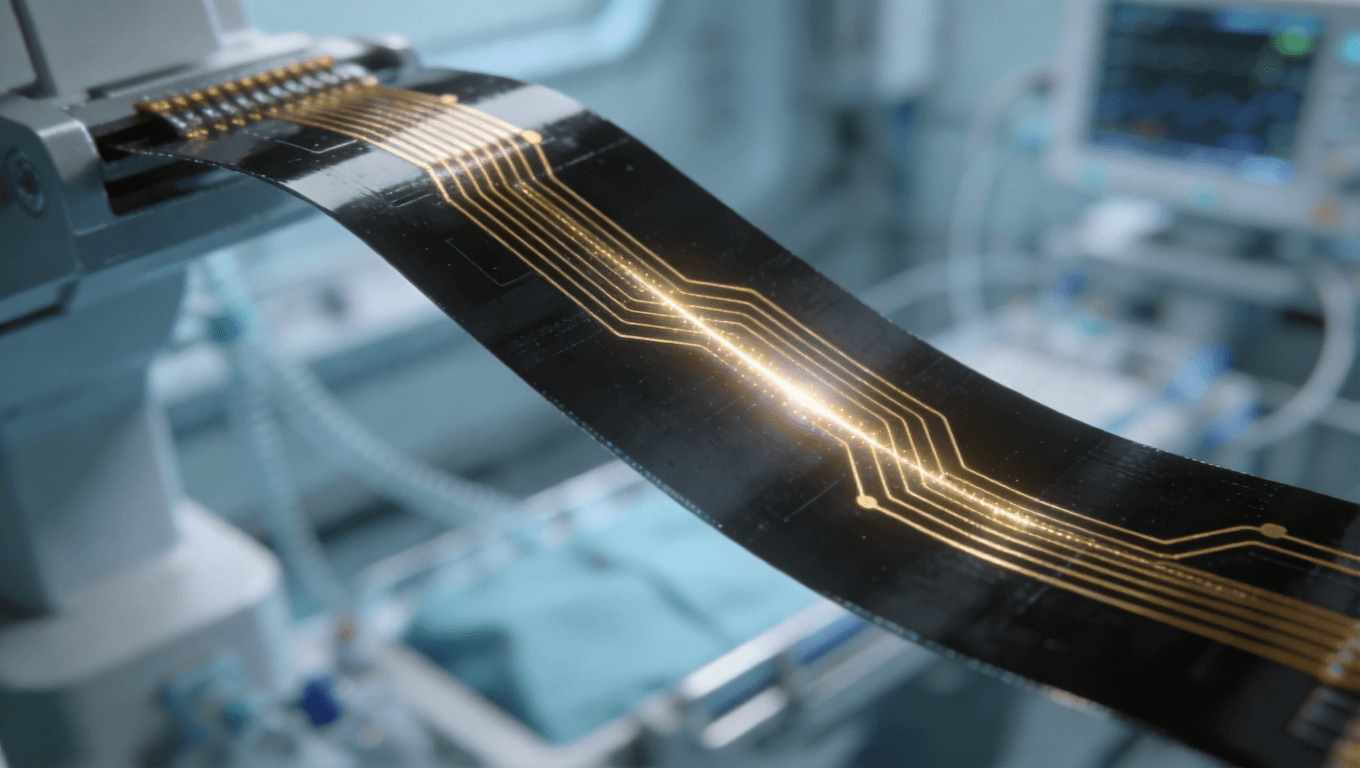 超声探头微型化柔性板特写，展示高精度布线与微型化结构，凸显信号传输稳定性