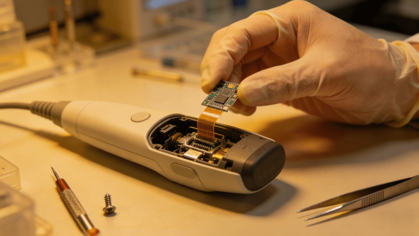 工程师正在将微型化柔性板集成到便携式超声探头中，展现其在医疗设备微型化中的应用