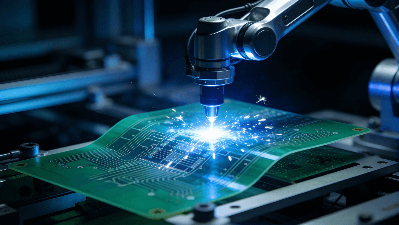 超声探头柔性板高精度激光生产工艺现场，展示先进的微米级加工技术与自动化质量控制