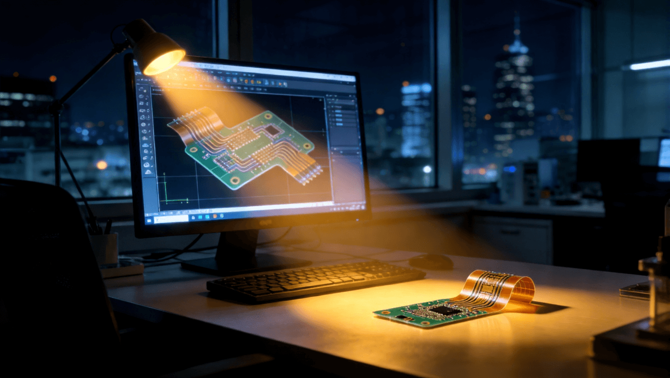 象征24小时技术支持的场景，超声探头柔性板设计方案与成品在深夜的研发中心被点亮