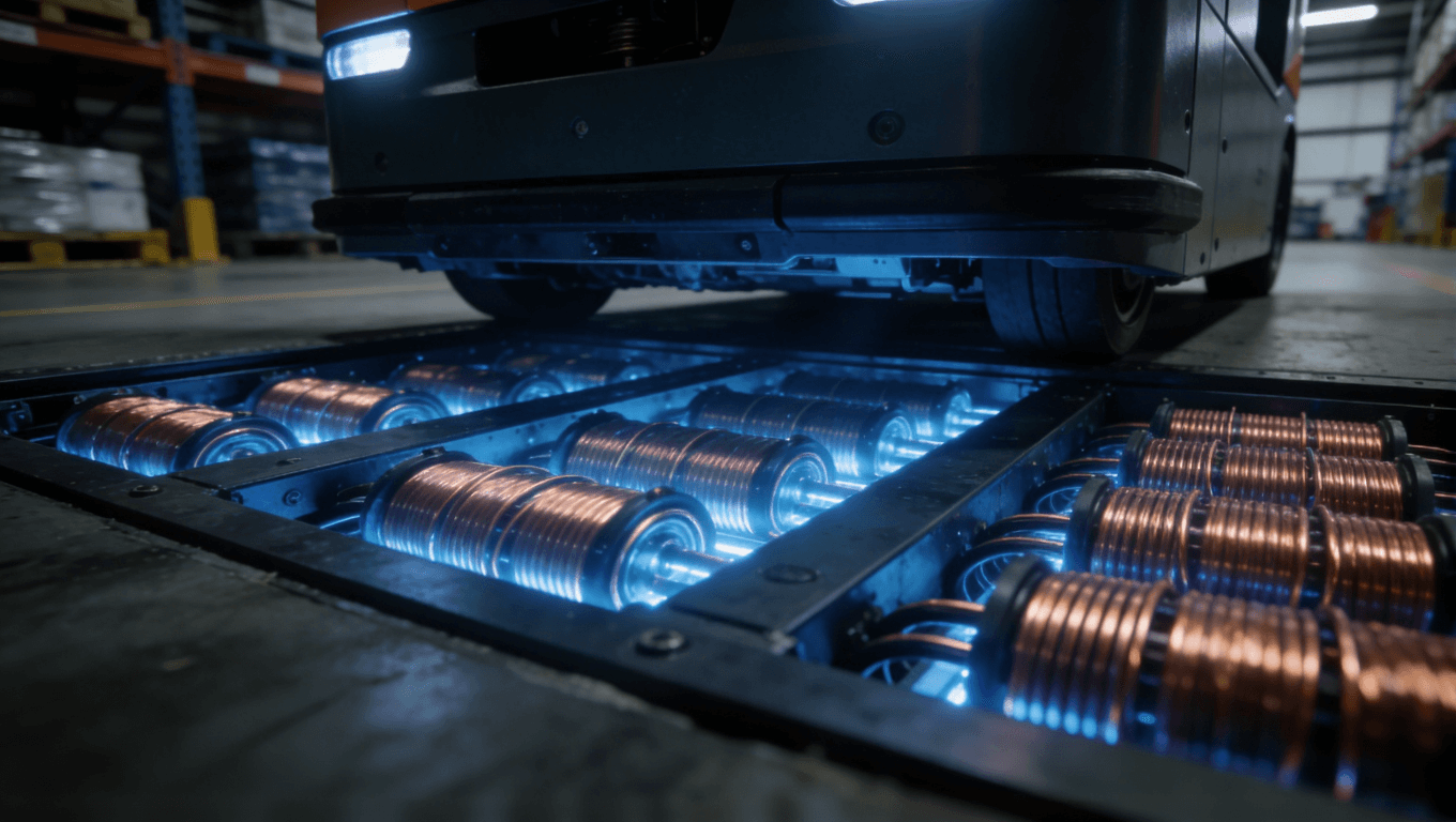 工业AGV大功率无线充电站及内部多线圈PCB工作场景