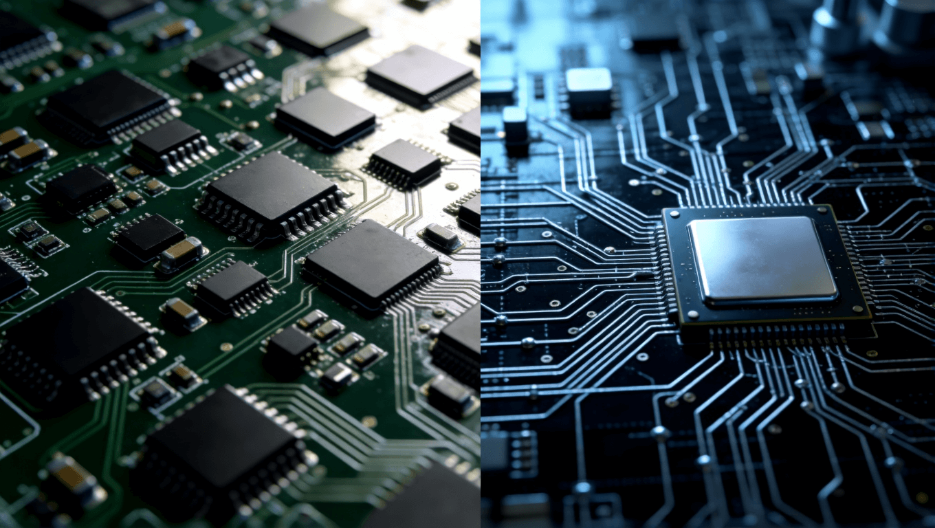 传统PCB作为通用电路平台与IC载板作为芯片定制化互联枢纽的俯视对比图