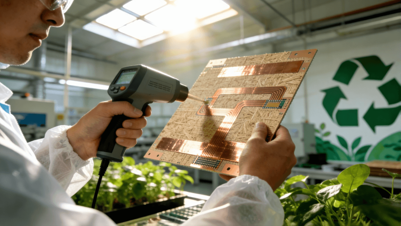 光模块PCB绿色制造车间现场,突出环保材料与可持续工艺 光模块PCB绿色制造车间现场,突出环保材料与可持续工艺