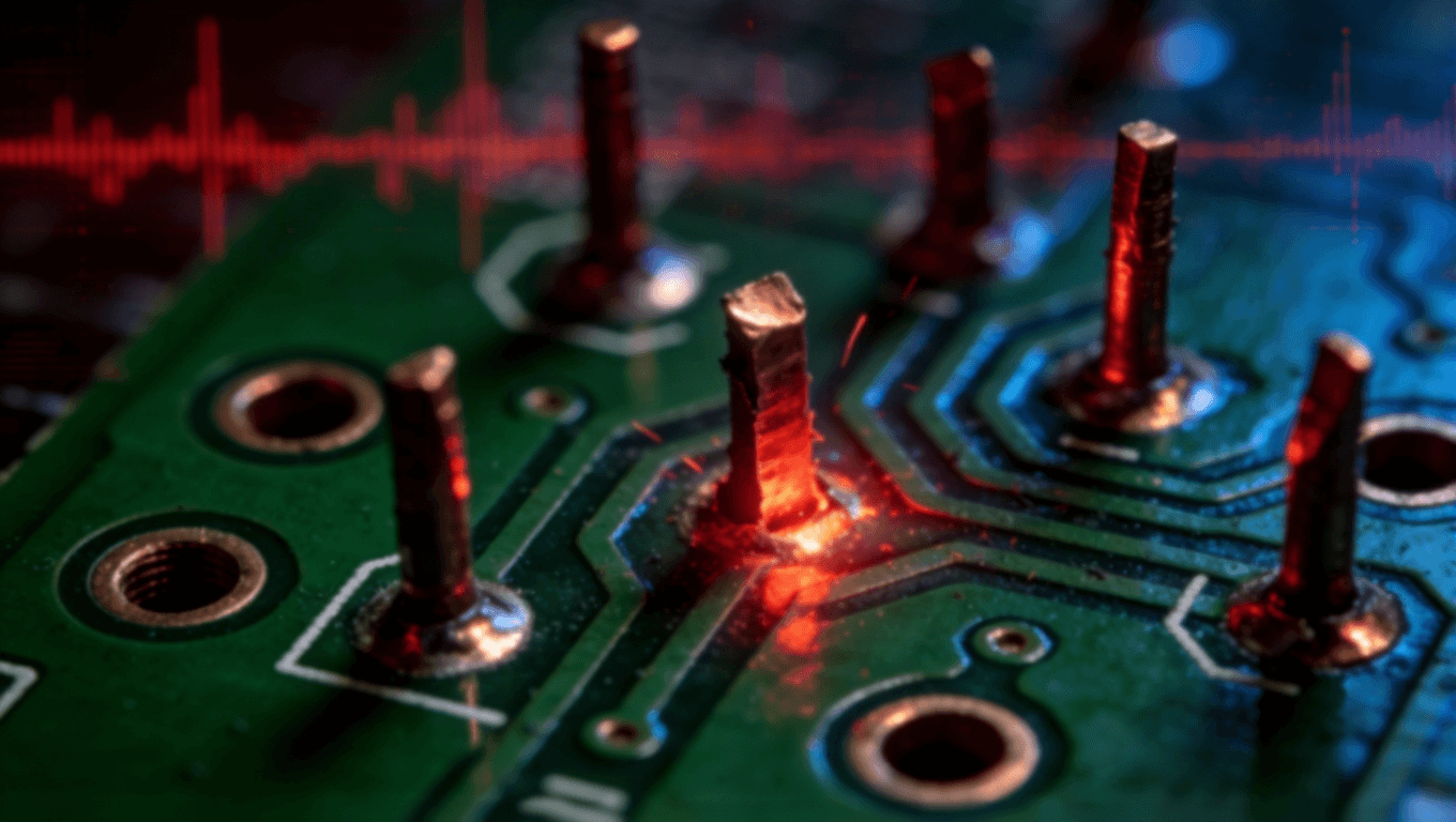 高速光模块PCB传统通孔残桩特写,展示via stub导致的信号反射与干扰问题 高速光模块PCB传统通孔残桩特写,展示via stub导致的信号反射与干扰问题