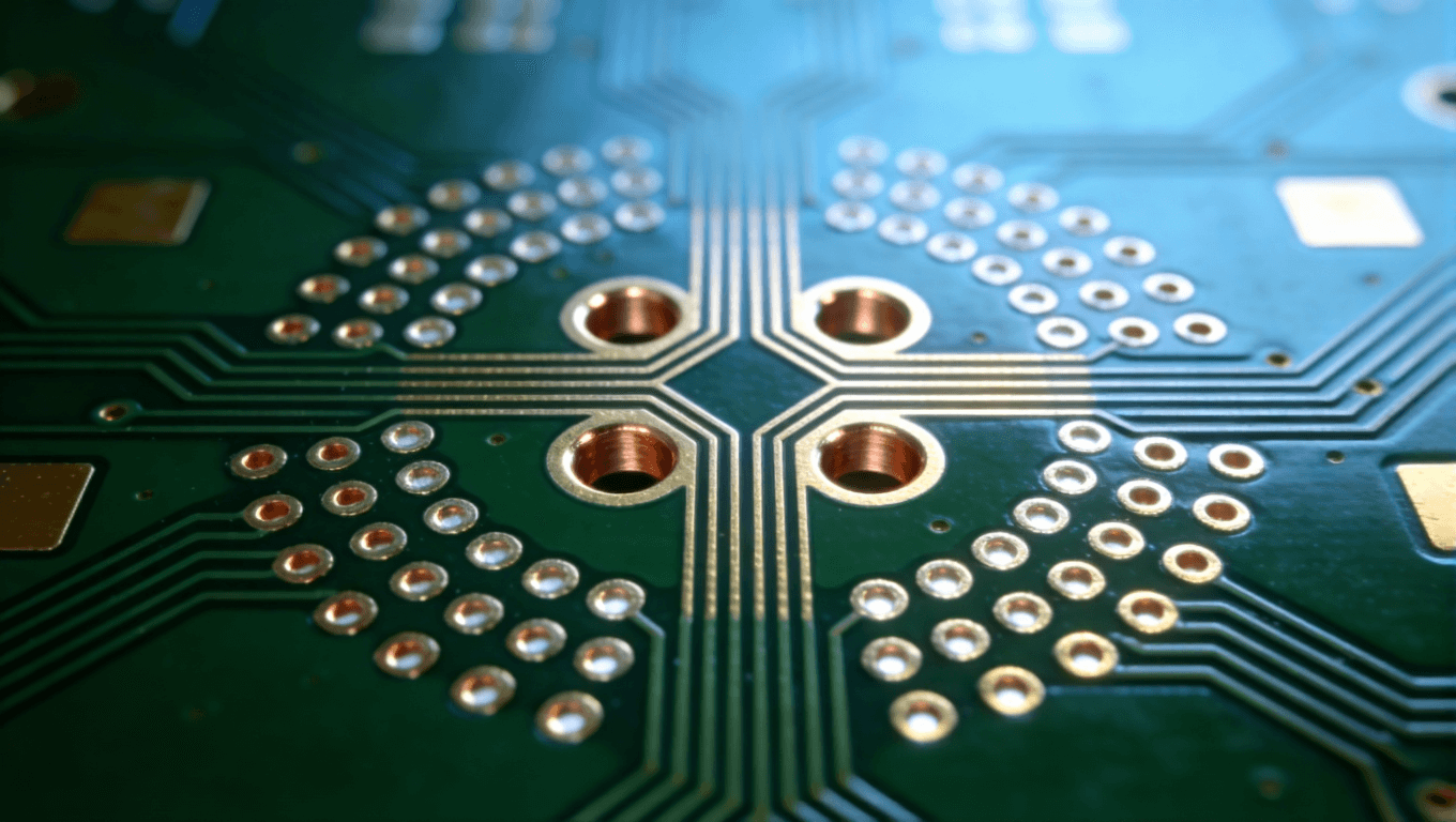 优化后的光模块PCB过孔设计特写,展示激光盲孔、对称差分对与接地屏蔽结构 优化后的光模块PCB过孔设计特写,展示激光盲孔、对称差分对与接地屏蔽结构