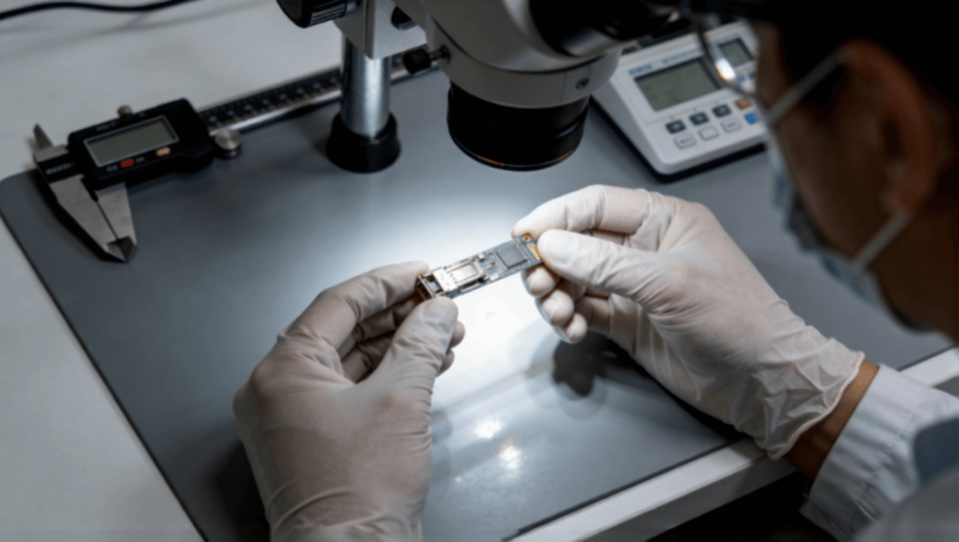 工程师在实验室中检测高密度光模块PCB样品